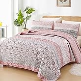 WONGS BEDDING Boho Quilt Set Queen, Bohemian Pink Striped Patchwork Bedspread Coverlet Set with 2 Pillowcases,Lightweight Microfiber Floral Bedding Set 96"×90"