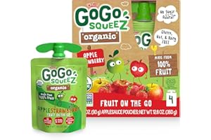 GoGo squeeZ Organic Applesauce and Fruit Puree, Apple Strawberry, 3.2 oz (Pack of 4), Unsweetened Organic Fruit Snacks for Kids, Gluten Free, Nut Free and Dairy Free, Recloseable Cap, BPA Free Pouches