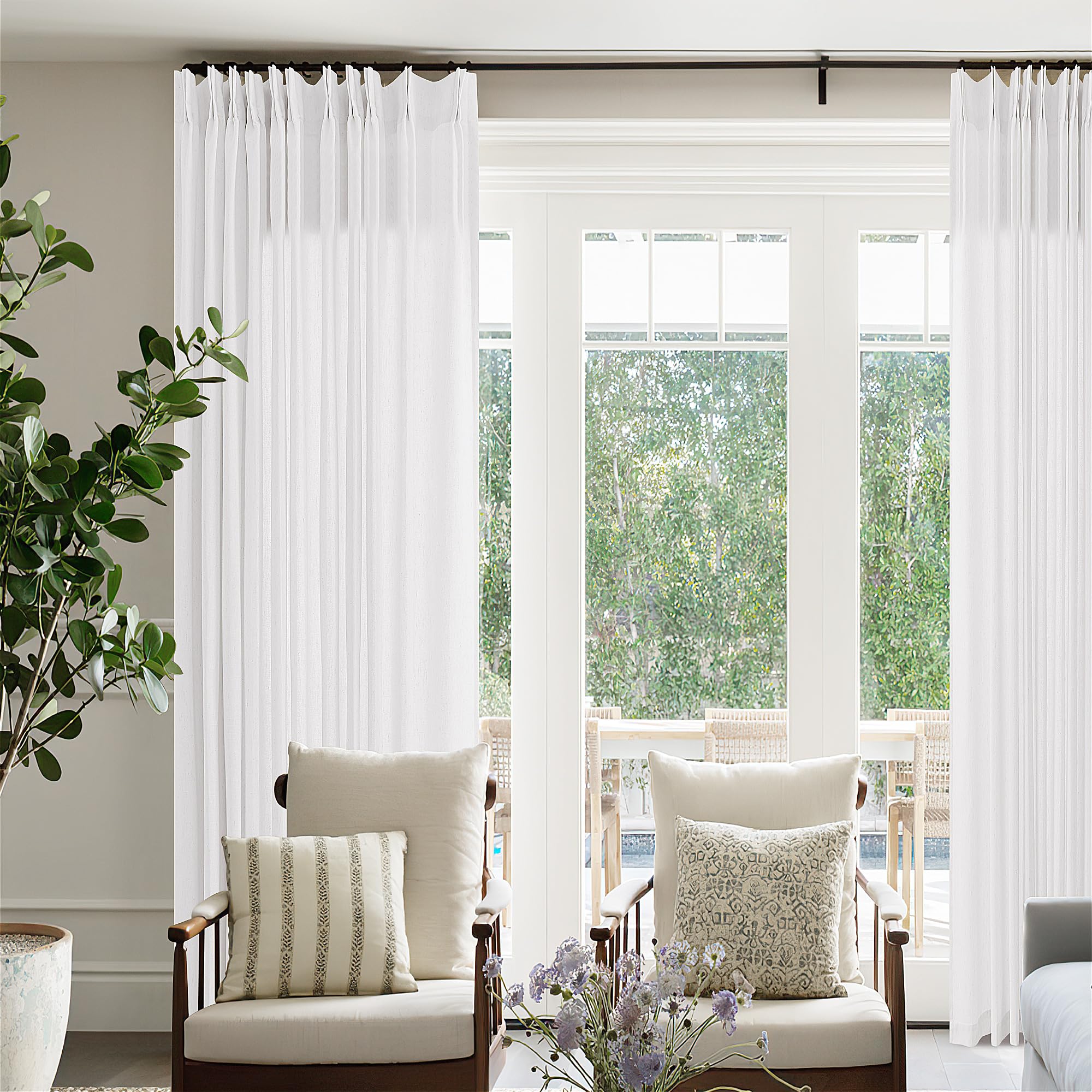 Photo 1 of White Pinch Pleated Linen Curtains for Living Room Bedroom Light Filtering Semi Sheer Pleat Window Curtain Boho Neutral Pinch Pleated Drape with Hooks Rings for Track System 1 Panel 72x96