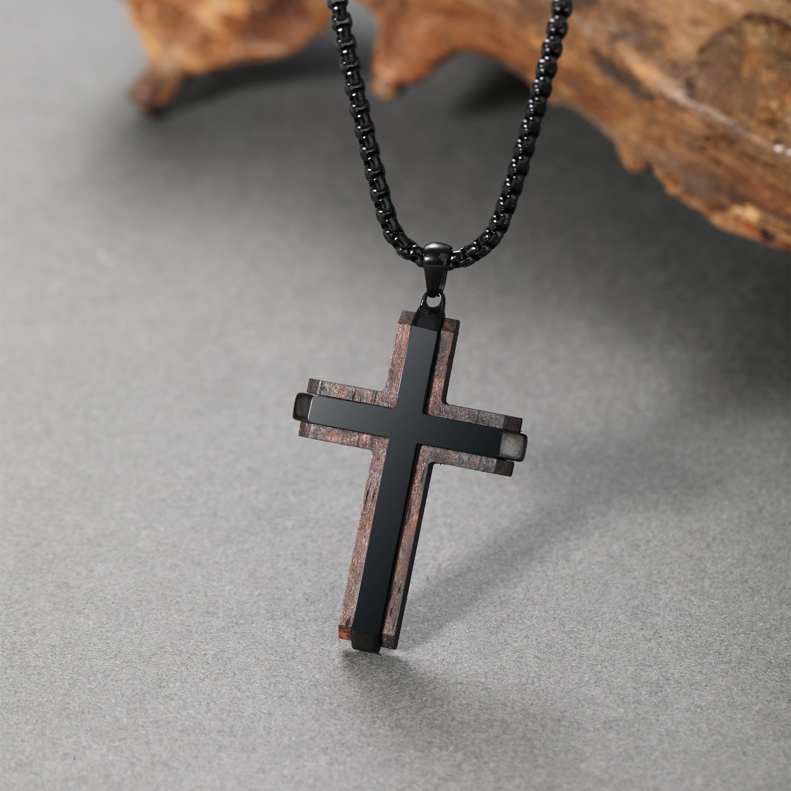 Ropartman Wooden Cross Necklace for Men, Real Ebony Mens Cross Necklaces Black Stainless Steel Christian Christian Gifts for Men Wood Crucifix Pendant, with Necklace 24