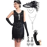 RRYIO 1920s Flapper Dresses for Women, Lace V-Neck Great Gatsby Costumes with Fringe
