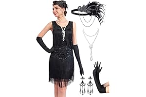 RRYIO 1920s Flapper Dresses for Women, Lace V-Neck Great Gatsby Costumes with Fringe