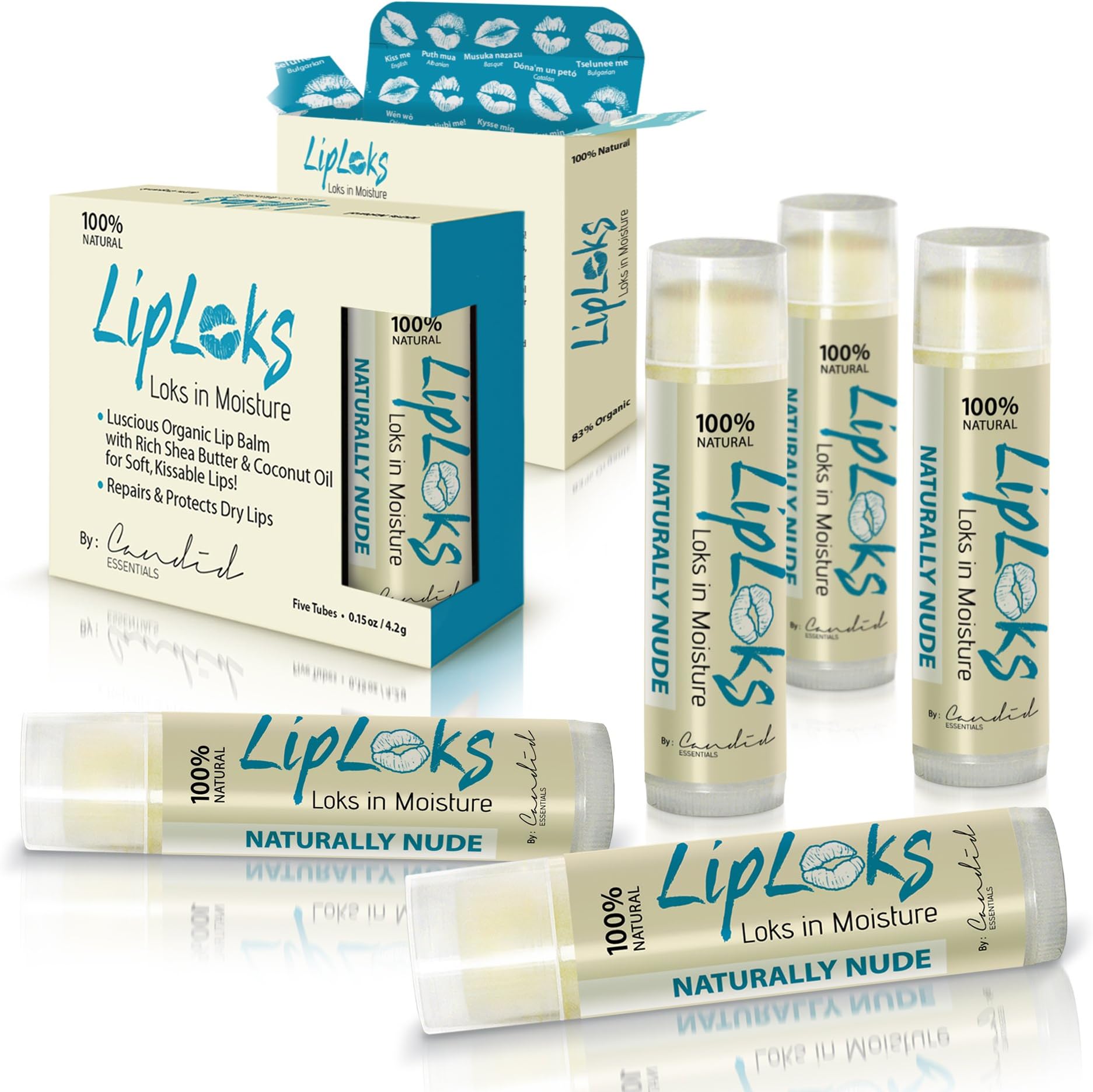LIP BALM, Unflavored 5 Pack, Organic & 100% Natural, Organic Coconut Oil, Organic Beeswax, Wildcrafted Shea Butter, Proven to Moisturize, Repair, & Protect Your Dry, Chapped Lip, by Candid Essentials®
