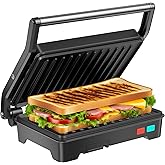 Panini Press Grill, 1000W Sandwich Maker with Non-Stick Coated Plates, Opens 180 Degrees for Any Size of Food, 3-in-1 Sandwich Press Electric Grill, Stainless Steel Surface and Removable Drip Tray