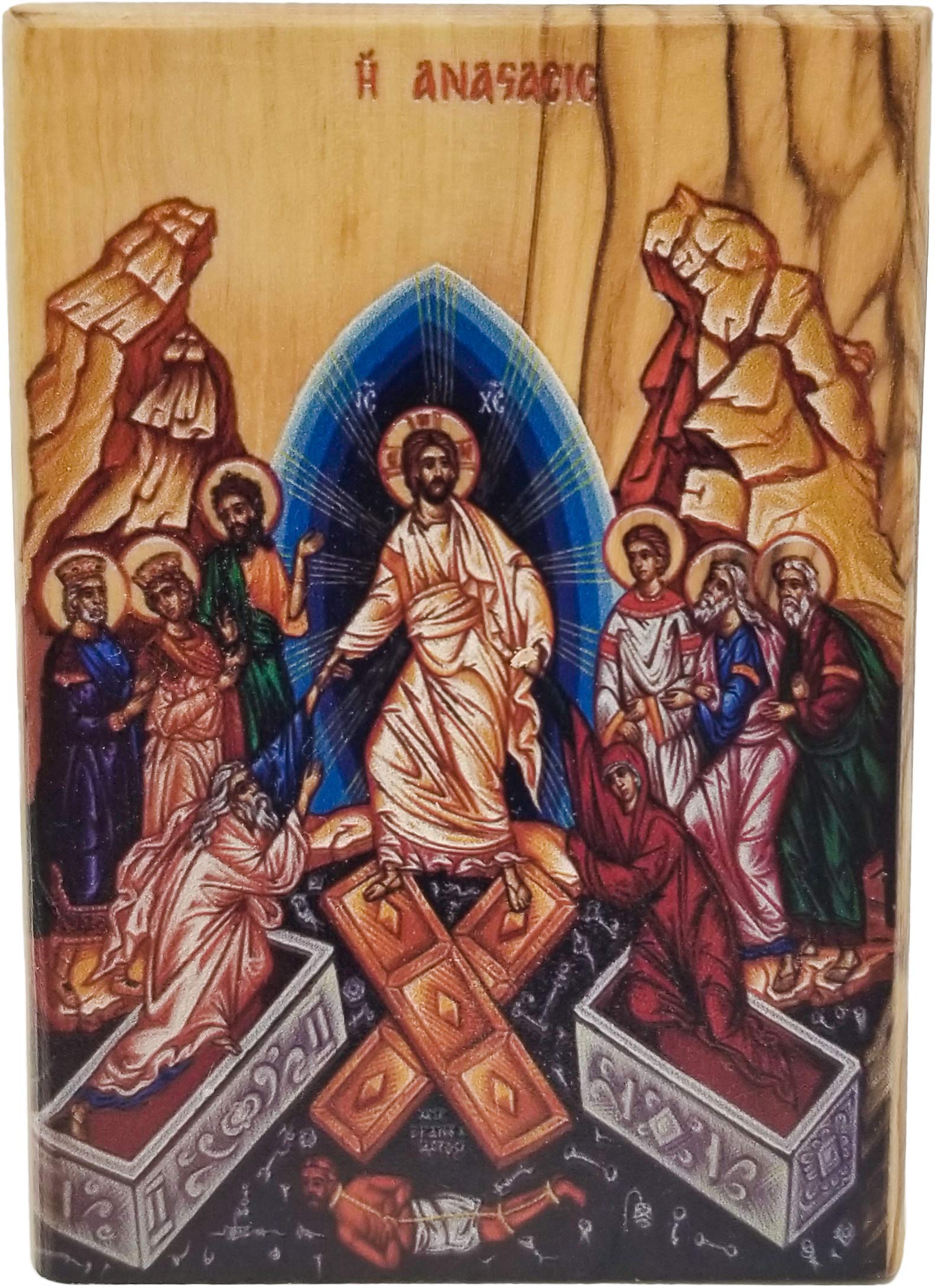 Holy Land Olive Wood Full Color Icon from Israel, The Triumphant Resurrection of Jesus, Handmade Wooden Standing Icon Plaque