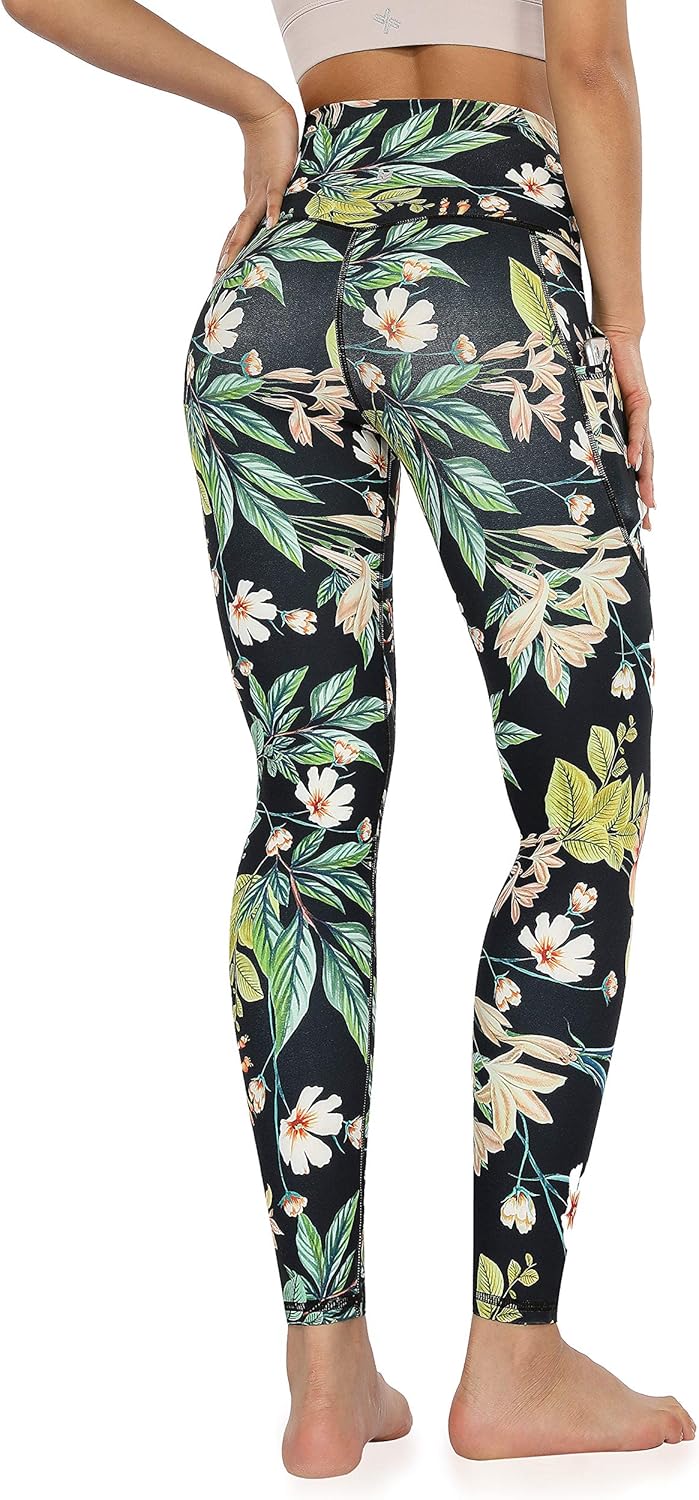 ODODOS Women's High Waisted Pattern Yoga Leggings with Pockets, Workout Sports Running Athletic Printed Yoga Pants: Clothing