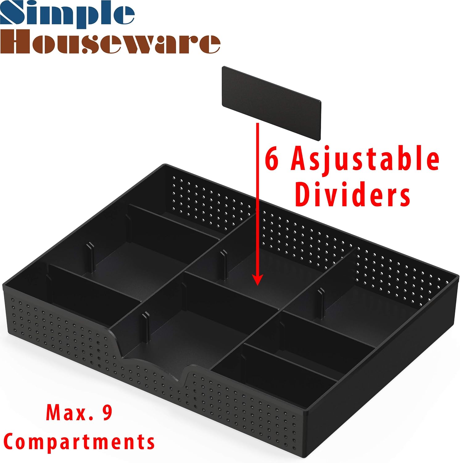 Simple Houseware Drawer Organizer Tray with 9 Adjustable Compartments, Black : Office Products
