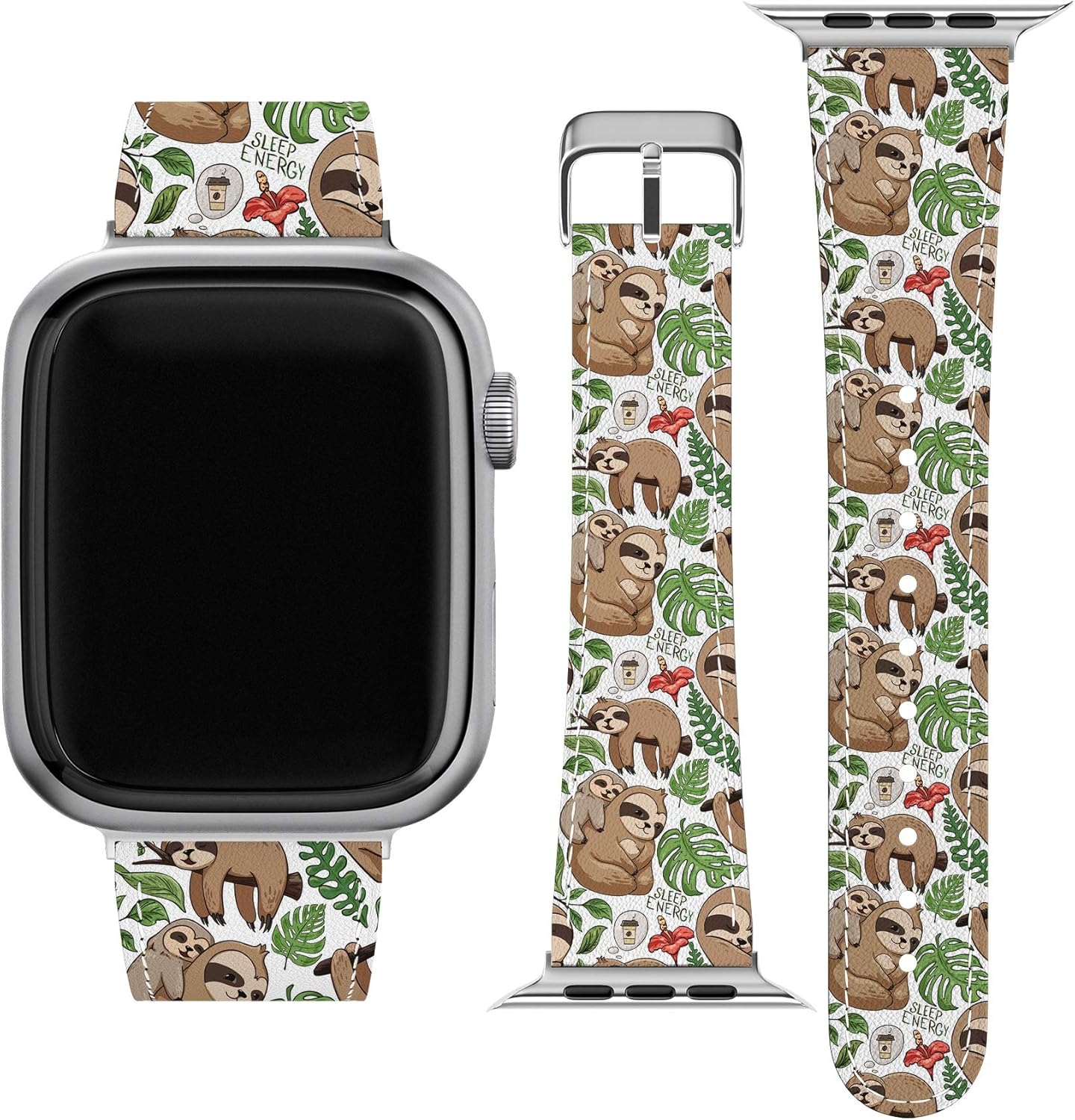 Lex Altern Band Compatible with Apple Watch Series 6 SE 5 4 3 2 1 38mm 40mm 42mm 44mm Tropical Leaves Kawaii Durable Replacement Strap for iWatch Cute Print Wristband Coffee Thin Sloth Love wh390