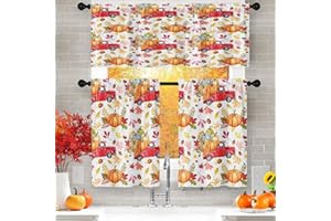 Arttown Red Pumpkin Truck Fall Kitchen Curtains with Valance and Tier Sets 36 Inch, 3 Pieces Vintage Car Rod Pocket Drapes Window Treatment Curtains for Kitchen Over Sink Dining Room Decor