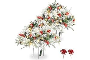 Tigeen 2 Pcs 22 Inch Timer Prelit Christmas Urn Filler, Outdoor Planter Pots Filler Prelit Xmas Pine Trees with Cones and Red Berries 50 Warm White LED with 8 Light Modes for Yard Porch Decor(Snow)