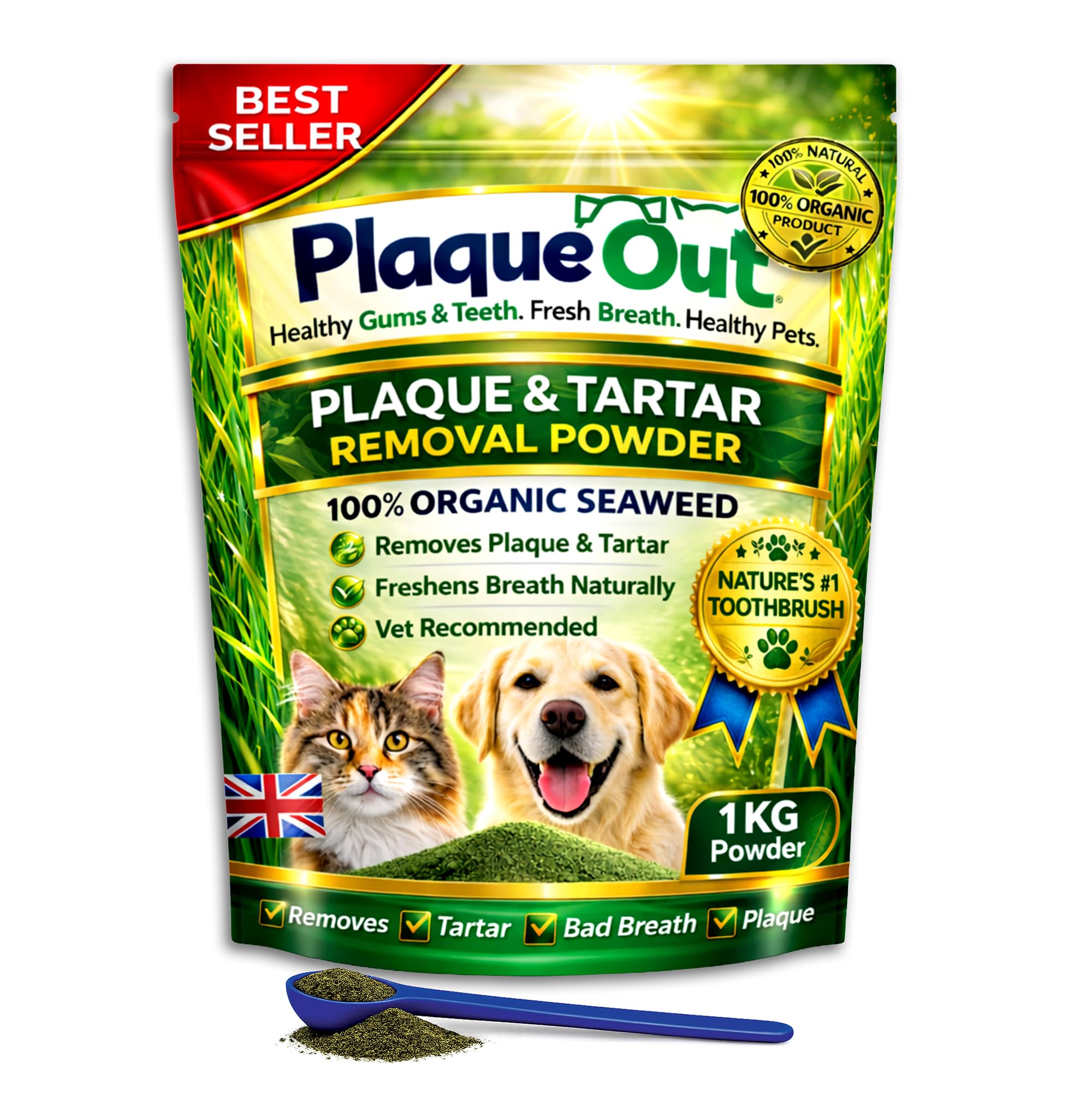 PLAQUE OUT 1kg Pouch - Plaque Off Remover - 100% Natural and Organic Seaweed Powder for Dogs & Cats - Dog Teeth Cleaning, Plaque Removal, Pet Dental Care, Bad Breath, Gum Care and Tartar Control