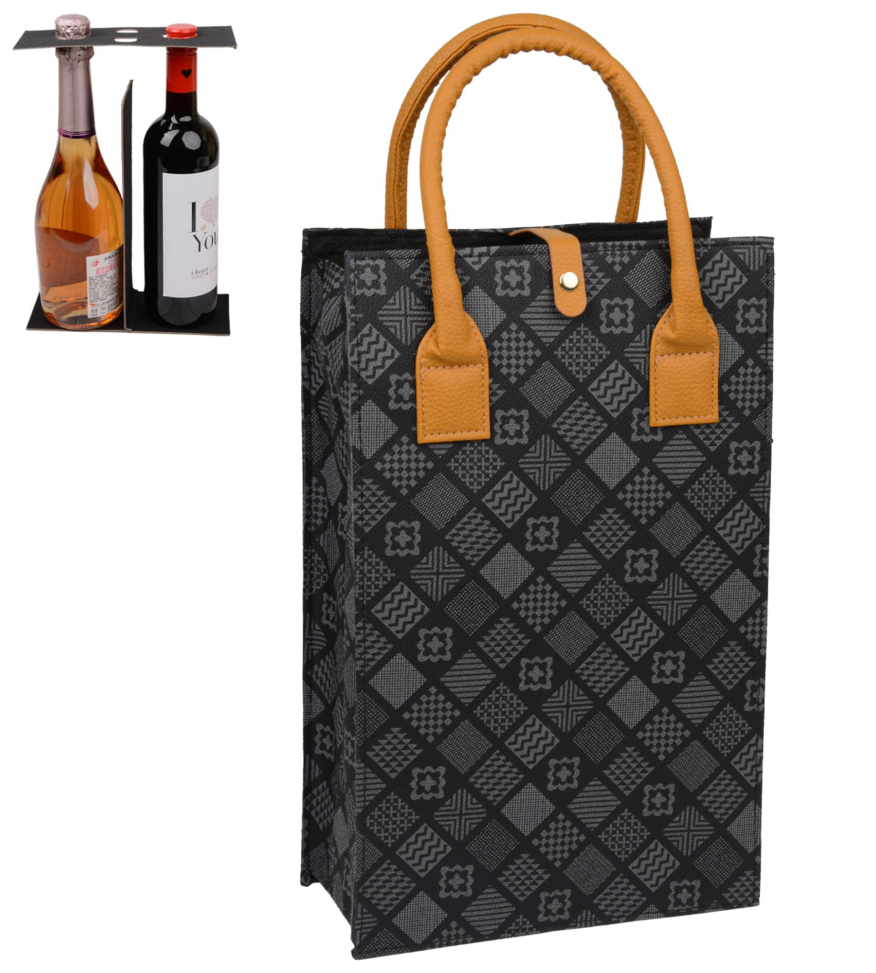 NUOYIA Portable 2 PU Leather Wine Tote Carrier, Reusable Insulated Cooler Bag with Handles, Travel Gift for Wine Lovers Christmas (Grey)