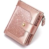 Simikol Small Glitter Women Wallet,Bifold Purse RFID Blocking Credit Card Holder Wallet with Zipper Pocket,Rose Gold Glitter