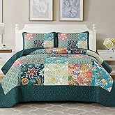 DJY Patchwork Quilt Set King Size 3 Pieces Green Plaid Floral Bedspread Coverlet Set, Boho Turquoise Rustic Lightweight Reversible Bedding Quilt for All Season (110''x90'')