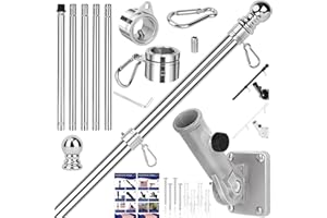 HPGOED Flag Pole Kit, 6 FT Flag Poles for Outside House, Aluminum Alloy Tangle Free Flag Pole Rings, Flagpole Kits with Bracket, Stainless Steel Flagpoles for Residential, Outdoor or Porch, 1 Inch Silver