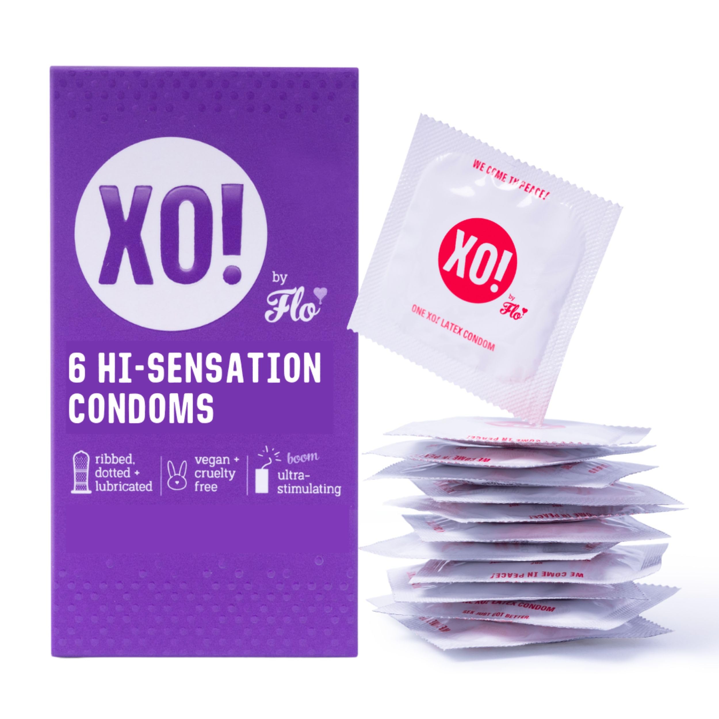 XO! Hi-Sensation Condoms, Natural Feel Ribbed and Dotted Latex Condoms, Smooth & Unscented, Eco-friendly & Extra-Safe - Pack of 6