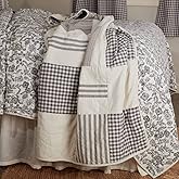 Gray Gables Patchwork Quilted Throw Blanket, 60" x 50", Gingham Checks, Grain Sack and Ticking Stripes, Reversible to Floral Print, Gray and Soft White Vintage Farmhouse Bedding