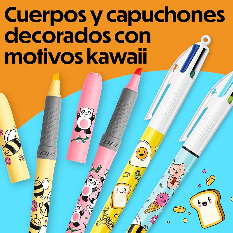 4 Cores Decors Série Kawaii Caneta Retrátil de Ponta Média (1,00 mm) em cores alegres de tinta + Decoração de empunhadura para marcador BIC Ponta chanfrada - Vários designs Kawaii, Pack de 4