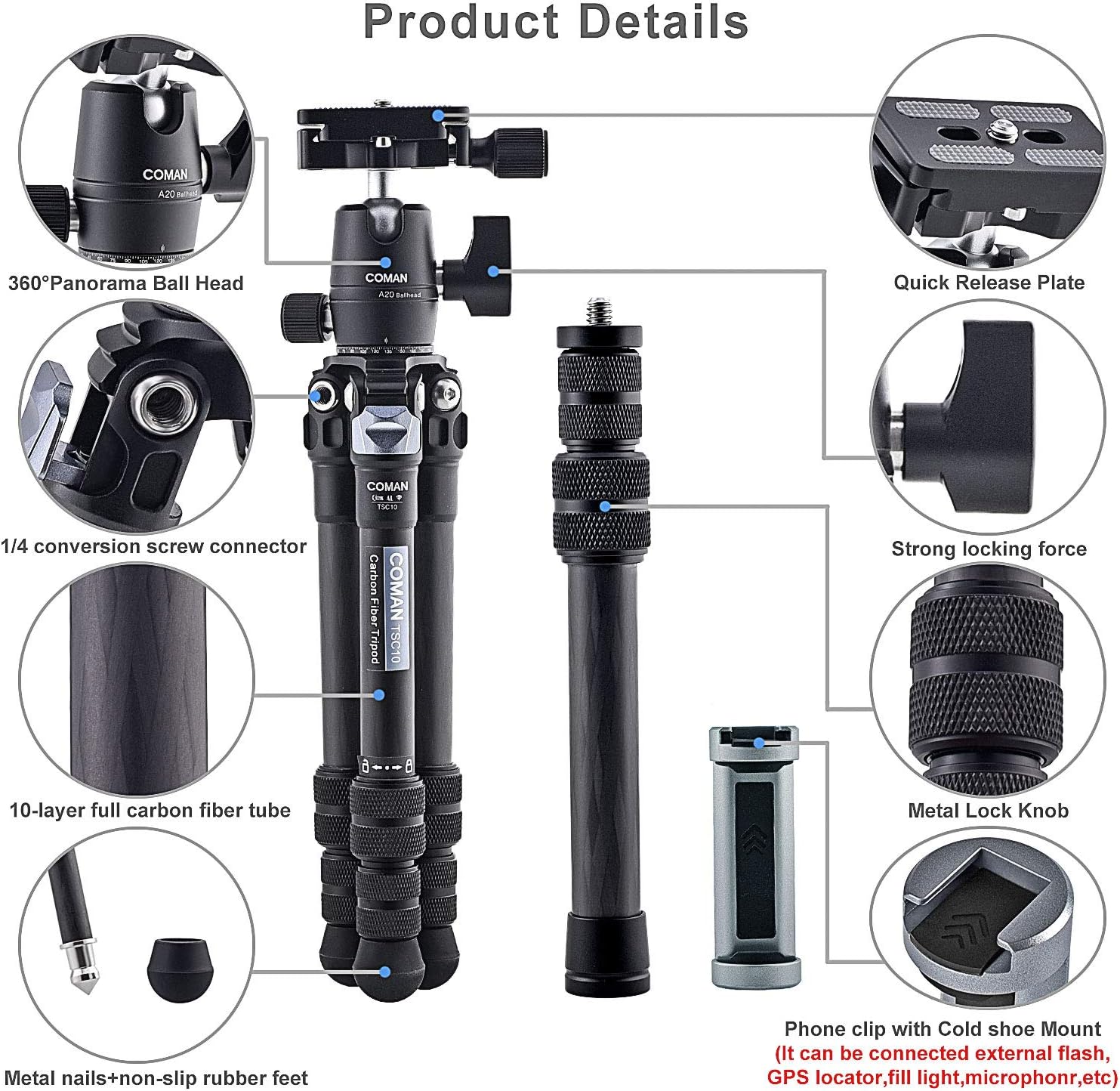 Carbon Fiber Tripod, COMAN Ultra Compact Lightweight Camera Tripod with 360° Panorama Ball Head for Cellphone, Camera and Gopro, Ideal for Vlog, YouTube or Travel, Phone Clip and Magic arm Included: Camera & Photo