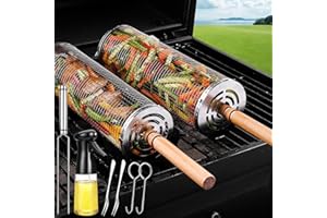 WRAKUS Rolling Grilling Baskets for Outdoor Grill Bbq Net Tube Stainless Steel Large Round Mesh Rotation Camping Barbecue Cylinder Cage Cooking Accessories for Vegetable Veggies Fish Meat Food, Gift for Men
