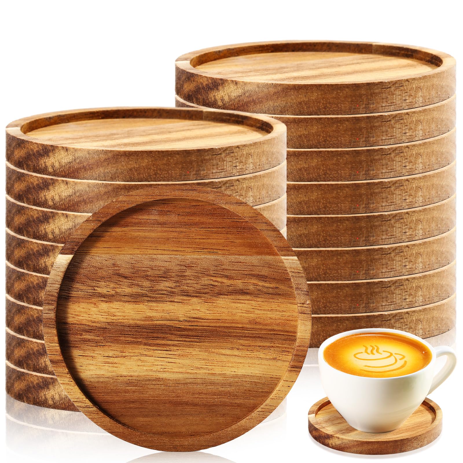 Photo 1 of Zhehao 16 Pcs Acacia Wood Coasters Bulk 4 Inch Wooden Stackable Reusable Drink Coasters for Coffee Table Protection Housewarming Gifts Home Table Bar Desk Party Supplies(Round)