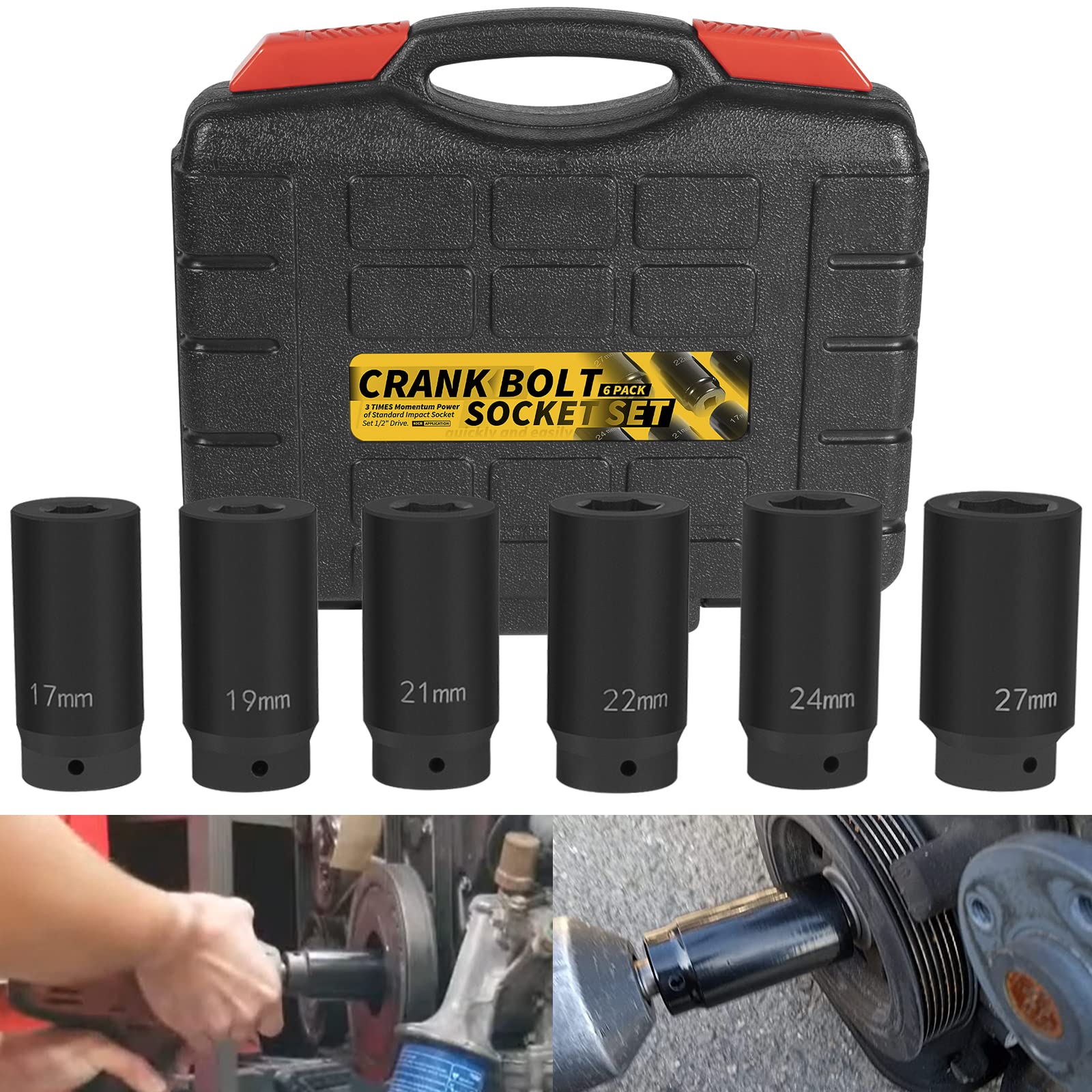 Photo 1 of 1/2" Drive Crank Bolt Socket Set, 17MM, 19MM, 21MM, 22MM, 24MM 27MM, Harmonic Balancer Socket Set, Crank Bolt Removal Tool, 3 Times Momentum Power of Standard Impact Socket Set, Deep Impact Socket Set