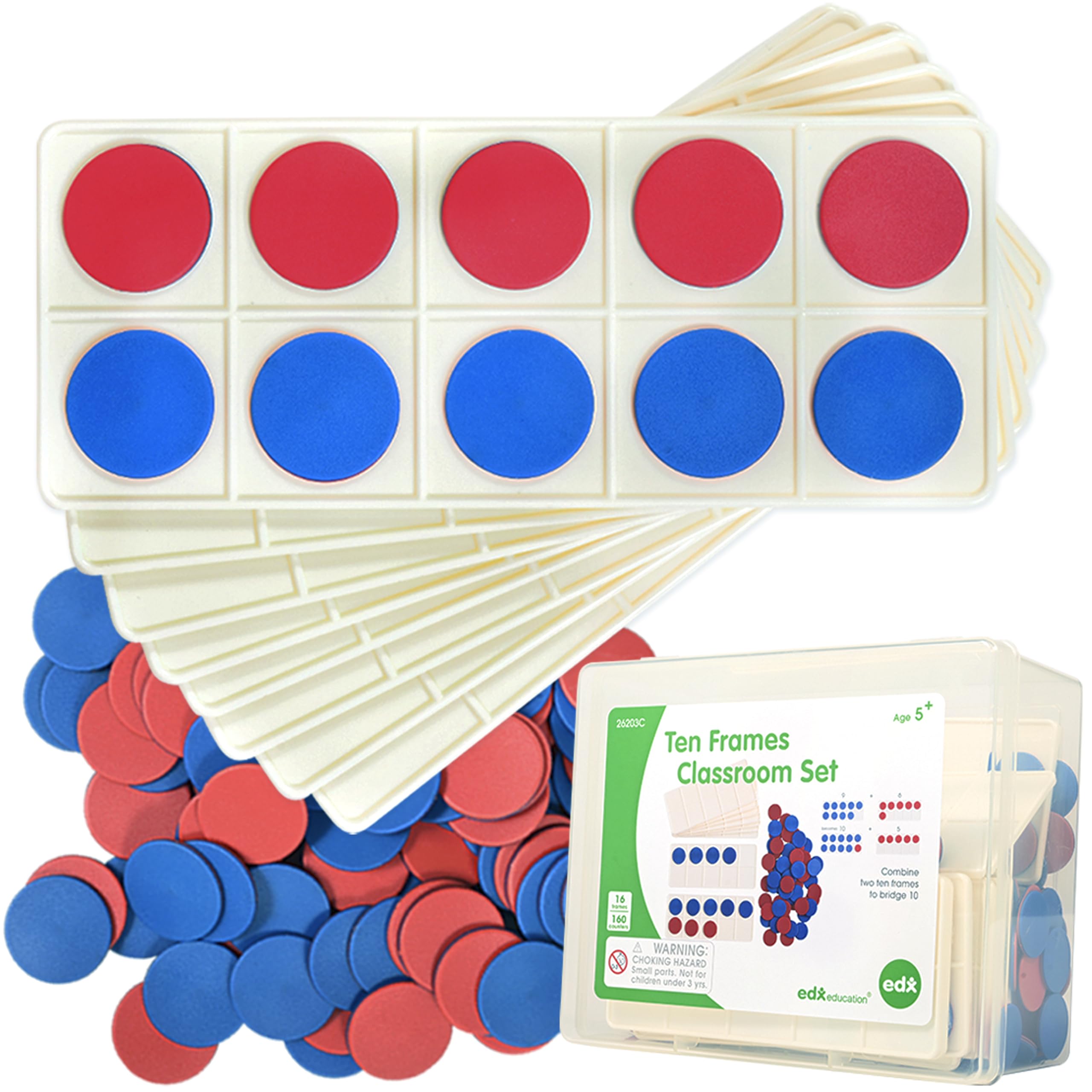 edxeducation Ten Frame Classroom Set - Maths Resources for Kids - 16 Plastic Ten Frames - 160 Counters - Classroom Maths Supplies, White, Red and Blue