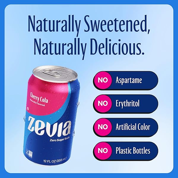 ZEVIA ZERO SUGAR SODA, CHERRY COLA, 12 OZ CANS (24-PACK) – NATURALLY SWEETENED, ZERO CALORIE SUGAR FREE SODA – NON-GMO PROJECT VERIFIED, GLUTEN-FREE, VEGAN