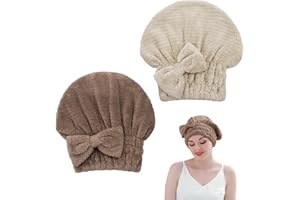 FRIUSATE 2 Pack Microfiber Hair Towel Cap, Soft Absorbent Hair Towel Wrap Women Hair Drying Cap Turban Towel with Bow-Knot Shower Cap for Curly, Long, Thick Hair Wet Hair (Coffee, Brown)