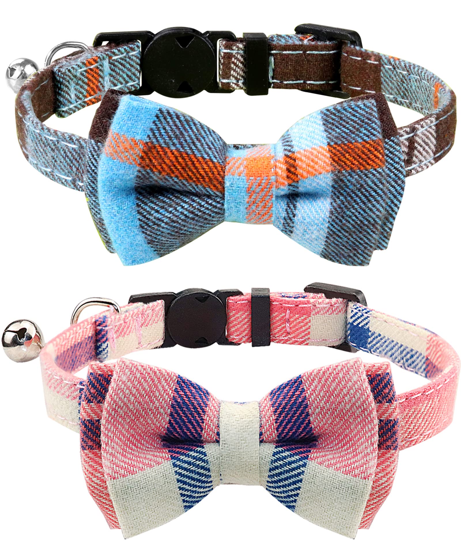 Joytale Cat Collar with Bell and Bow Tie, Soft Tartan, Quick Release Safety Collars for Kitten and Cats, 2 Pack, Haze blue+Pink