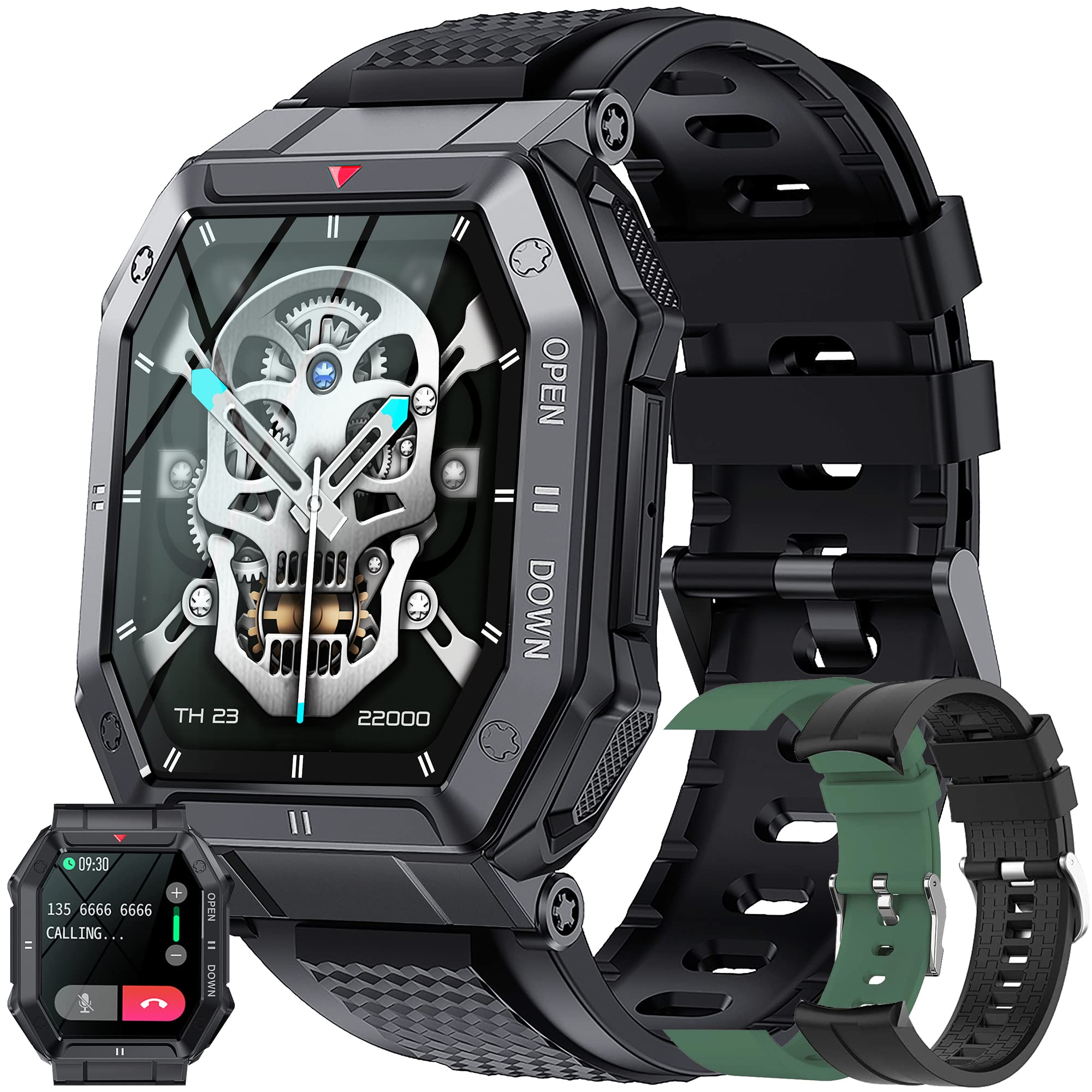 Men's Smartwatch with Phone Function, 1.85 Inch Touchscreen 5ATM Waterproof Sports Watch with Blood Pressure Monitor, Heart Rate, Pedometer, 24 Sports Modes, Military Fitness Watch for iOS and Android