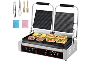 3600W Double Commercial Panini Press Grill – 19"x9" Grooved Plates – 6-Level Temp Control – Stainless Steel Electric Sandwich