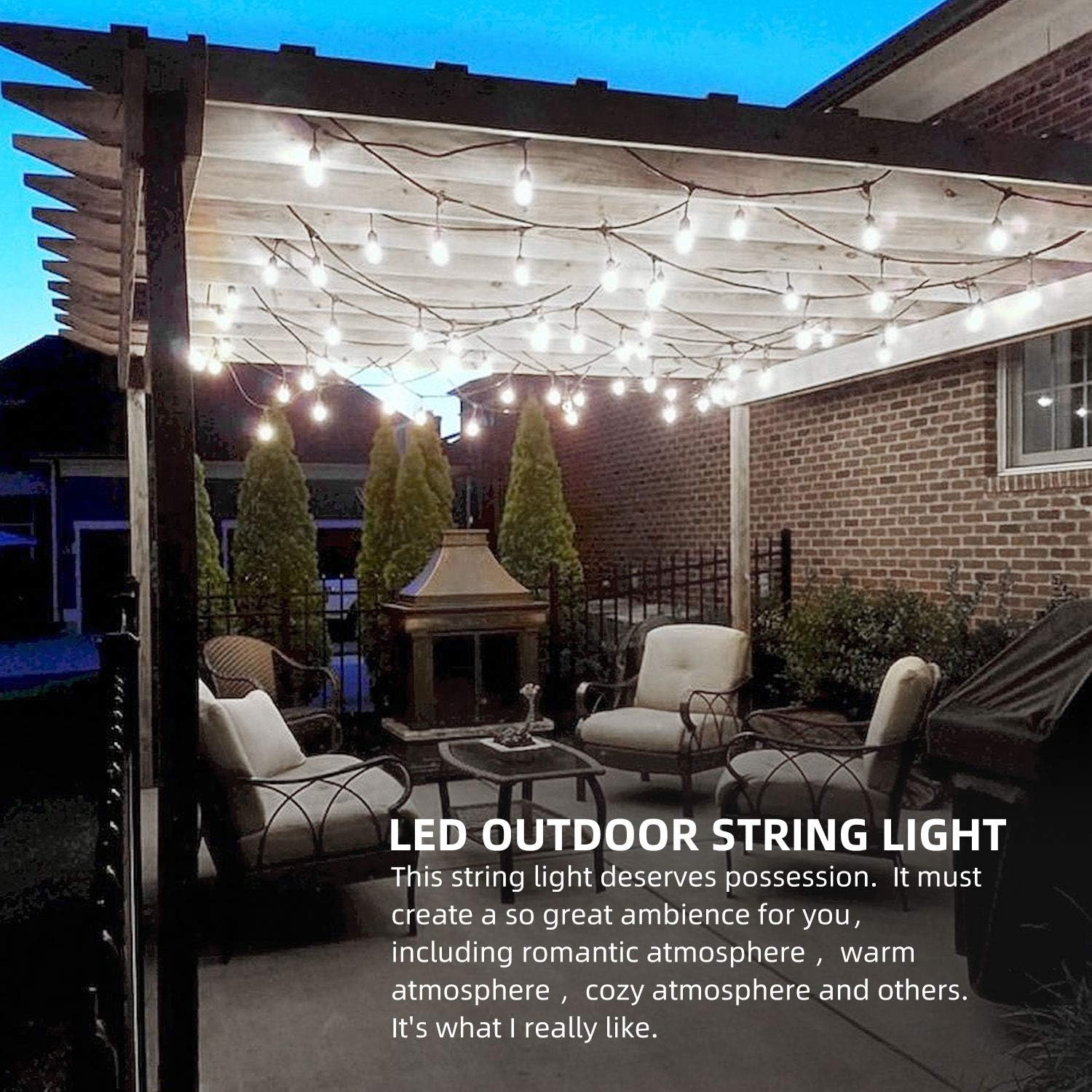 2-Pack 48FT Dimmable LED Outdoor String Lights for Patio with Waterproof Shatterproof 5000K Daylight White E26 LED Bulbs, 15 Sockets, Linkable Commercial Grade Hanging String Lights for Cafe Backyard: Home & Kitchen