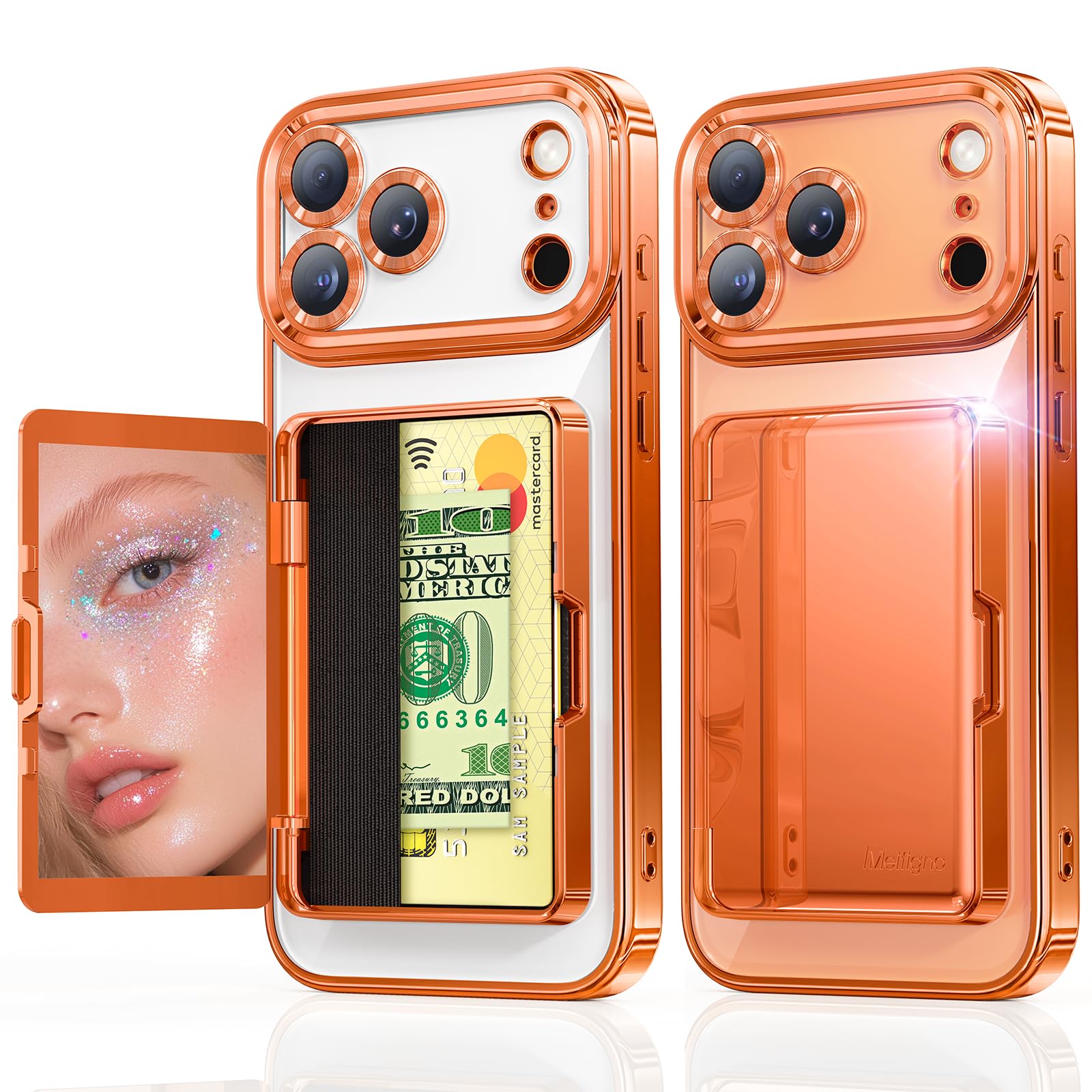 Meifigno Designed for iPhone 17 Pro Max Case Wallet (3-4 Cards & Cash), Built-in Mirror & Kickstand, Surround Raised Lens Protection, for 17 Pro Max Case with Card Holder for Women (6.9"), Orange