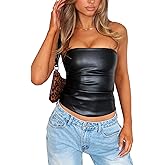 OZICERD Faux Leather Tube Top Strapless Going Out Tops for Women Sexy Club Tops Rave Concert Outfit Ruched Bandeau Crop Top