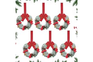 Moucuny Mini Cabinet Wreaths for Kitchen with Ribbon 8 Inches Small Christmas Farmhouse Artificial Pine Cone Hanging Wreath for Front Door Window(Red,6 Pcs)