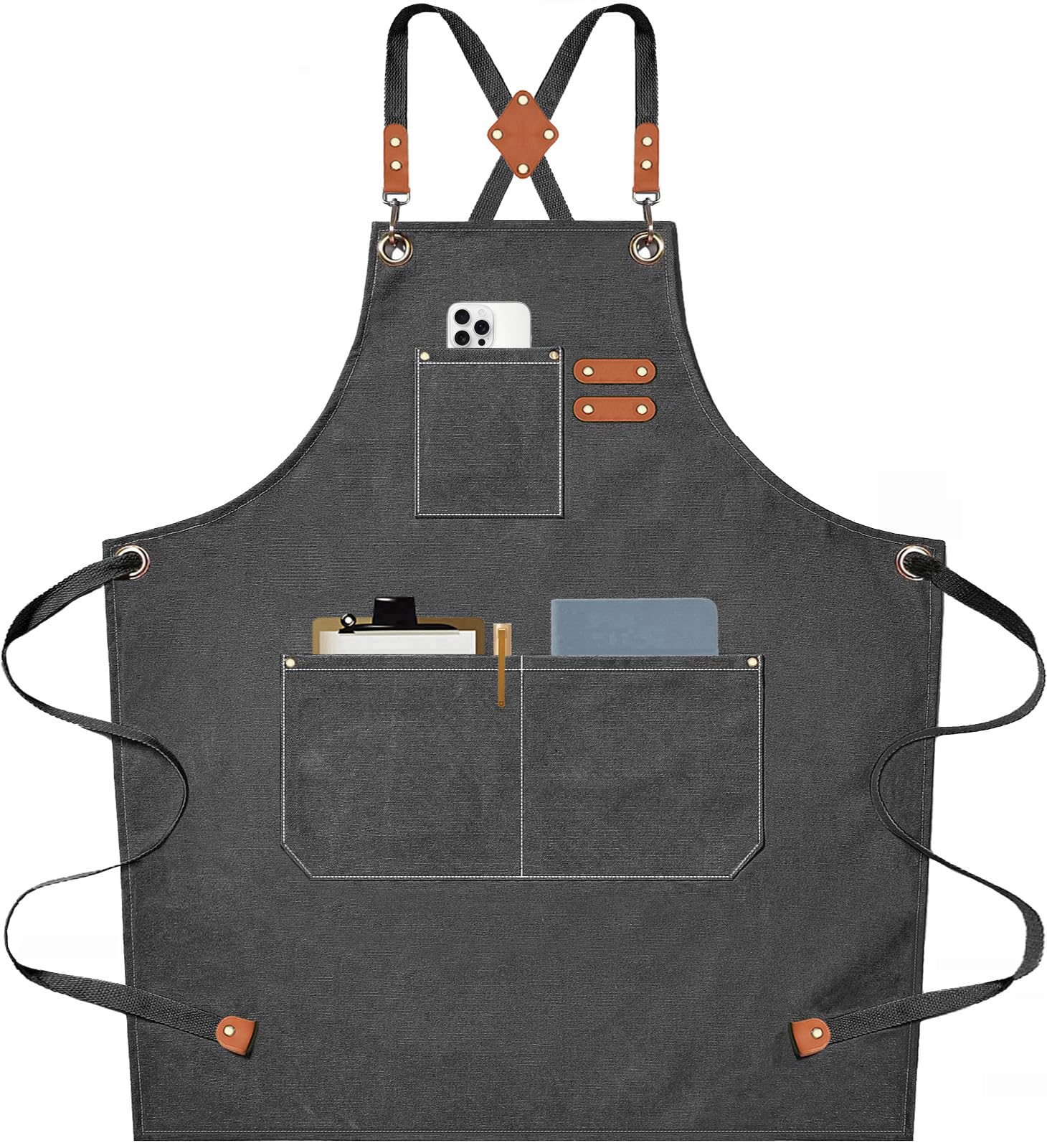 AFUN Heavy Duty Chef Apron With Large Pockets - 16oz Cotton Canvas Cross Back Design (Sizes M-XXL)