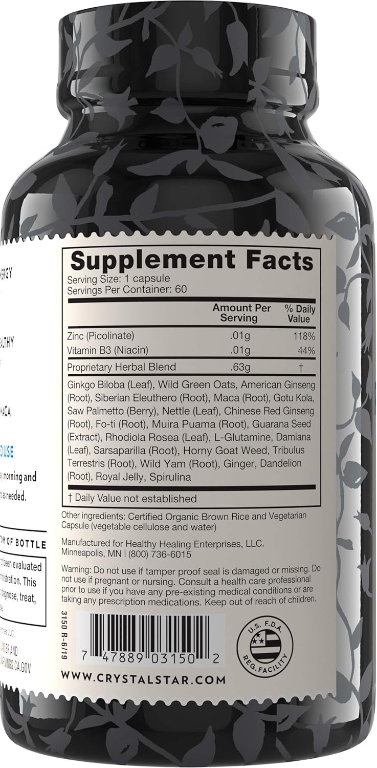 Crystal Star Male Performance Booster (60 Capsules) – Herbal Supplement That Promotes Energy and Endurance - Maca, Ginkgo Biloba, Tribulus Terrestris & American Ginseng - Non-GMO: Health & Personal Care