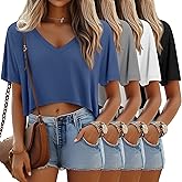 Neer 4 Pack Women's Oversized Crop T Shirts Summer V Neck Short Sleeve Tops Irregular Hem Baggy Top