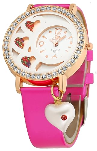 DFa Rose Gold White Heart Dial, Heart Dangle Pink Leather Strap Analogue Watch for Girls -DFa023