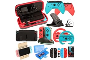 EOVOLA Accessories Kit for Nintendo Switch And OLED Model Games Bundle Wheel Grip Caps Carrying Case Screen Protector Control