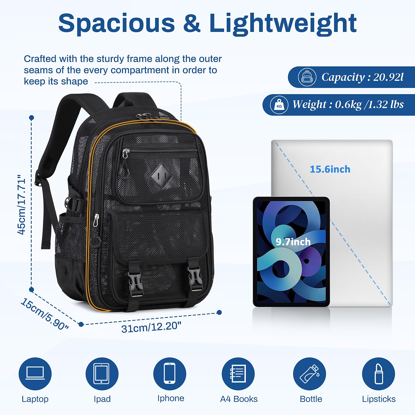 Mesh Backpack, 17in Heavy Duty See Through Backpack Ultra-Lightweight Net Bookbag Breathable Transparent Beach Backpacks for School Sports Gym, Black