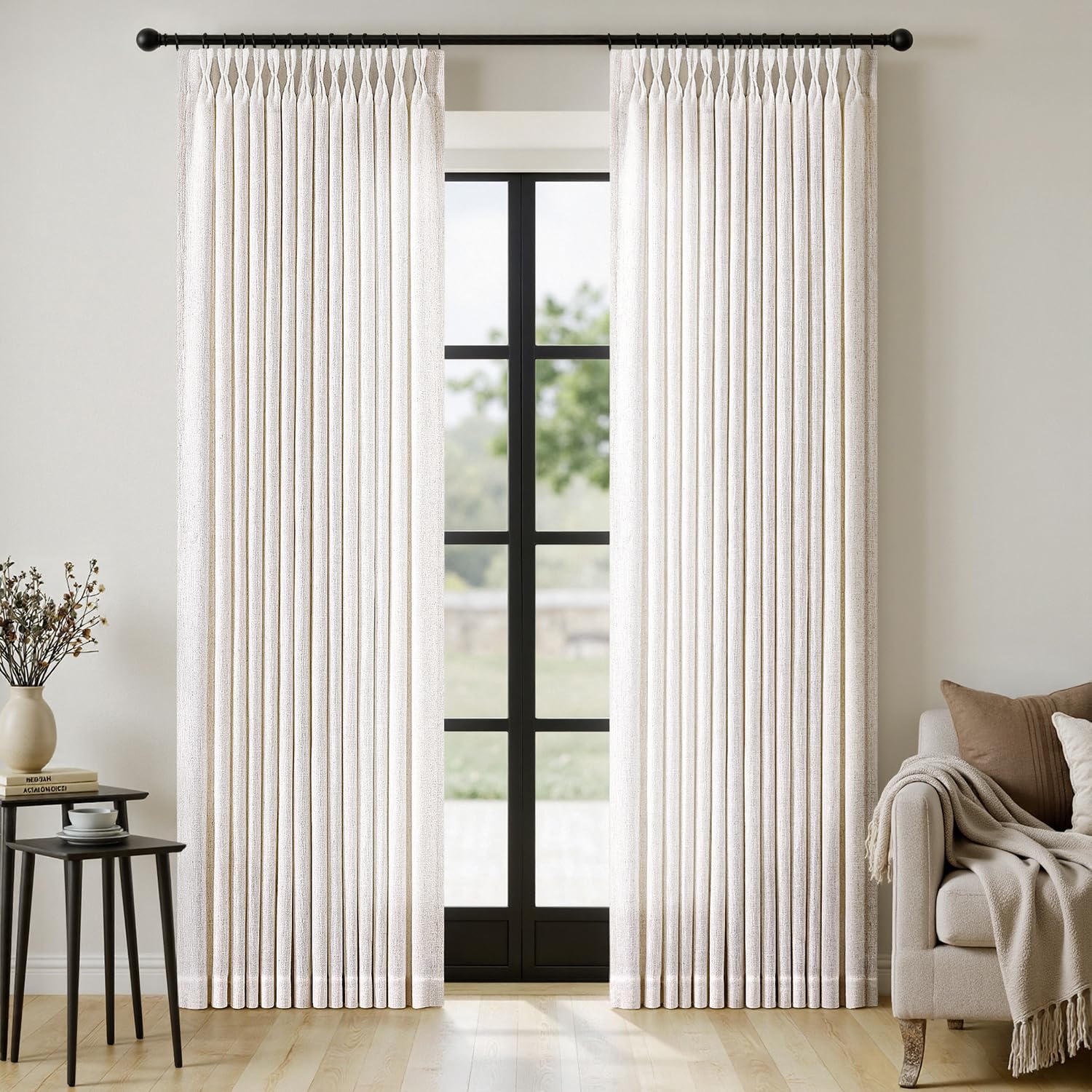 MIULEE Pinch Pleated Thick Linen Curtains 84 Inches Long 2 Panels for Living Room Bedroom, Linen Textured Memory Trained Drapes Pleat Back Tab Light Filtering Natural Window Curtains with Hooks&Rings