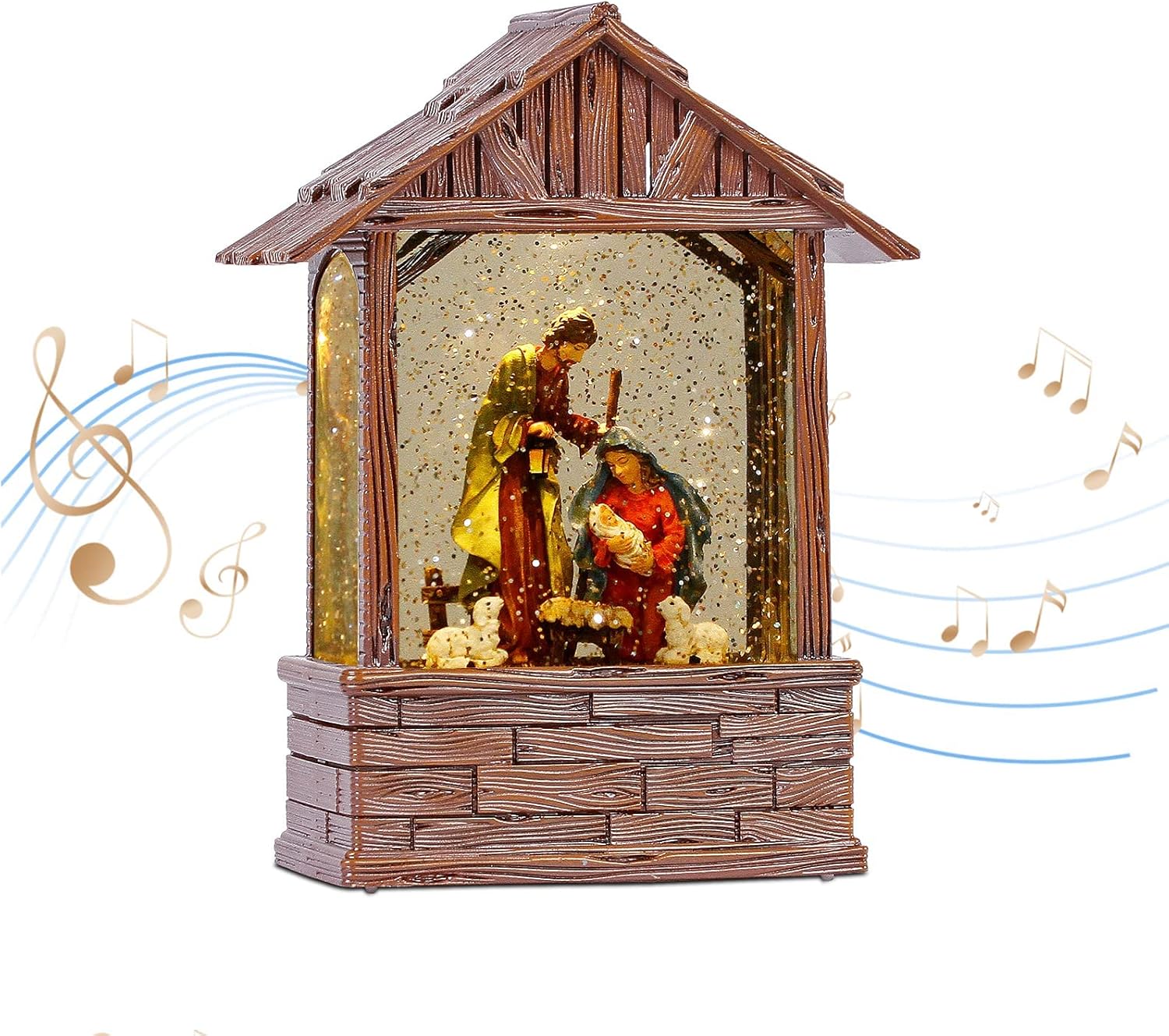 Snow Globes - Joyriver Nativity Scene Christmas Snow Globe Holy Family Jesus House Cabin Snow Globe Lantern with Light Timer and 1 Song, USB or Battery Operated Decoration Festival Gift for Family and Friends