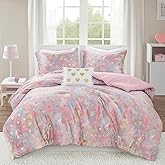 Intelligent Design Queen Comforter Set, 4 Piece Metallic Hearts Bedroom Set for Girls, Queen Bed Set Soft Plush Comforter, Rosalie All Season Fluffy Bedding Set, Full/Queen, Pink Multi/Gold 4 Piece