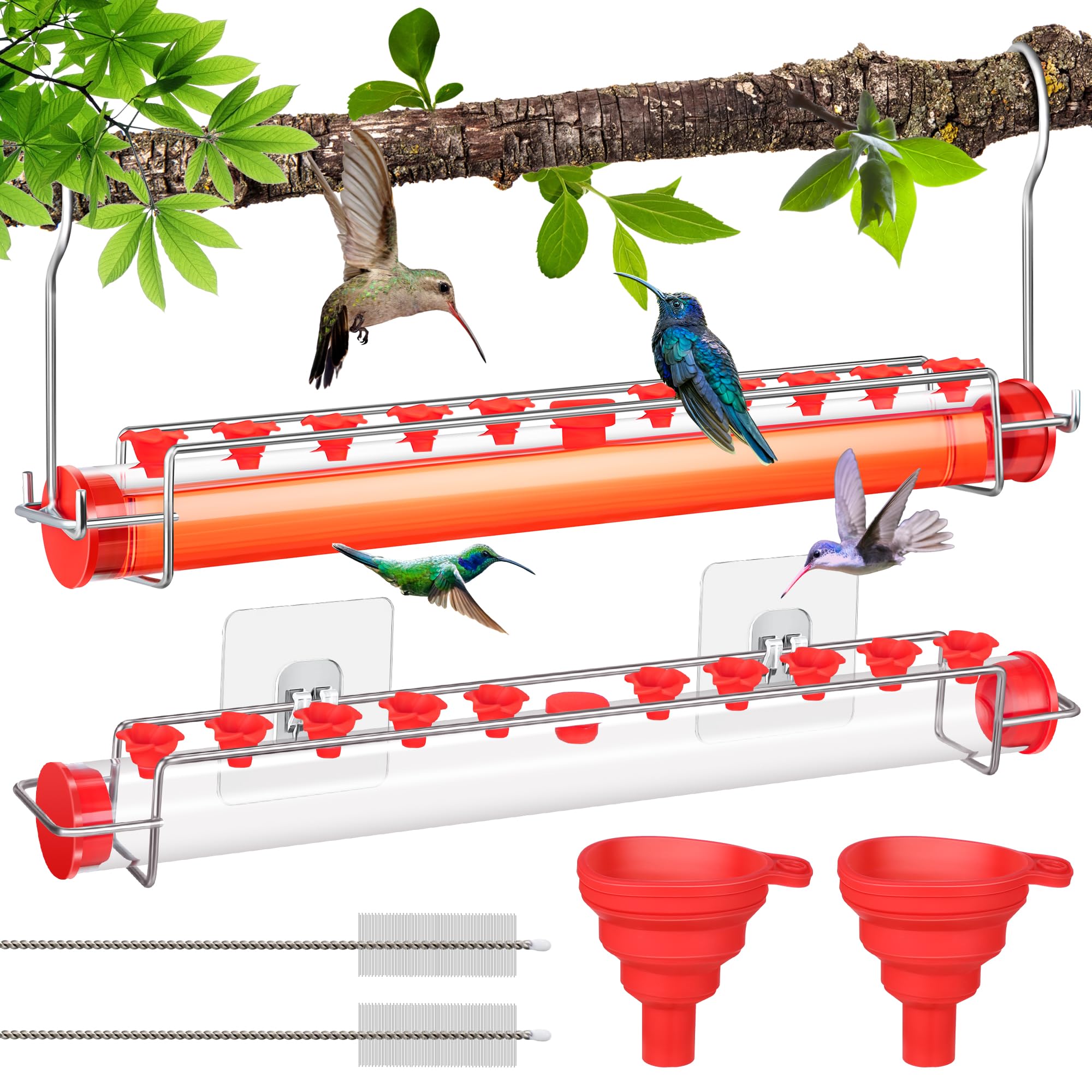 Photo 1 of ****It's in poor condition and is missing a part; it's unknown if it works 100%****2 Pack Horizontal Hummingbird Feeder for Window&Hanging, 2 Pack 15.35" Tube with 10 Feeding Ports, with Perch for Standing Drinking, Leak & Bee Proof, Easy to Clean&Fill, O