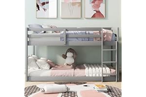 LUSPAZ Twin Over Twin Size Wood Floor Bunk Bed Frame with Ladder for Kids, Transitional Style Safety Design Bunk Bed, Easy Assembly, No Box Spring Required, for Kid's Room or Dormitory, Gray