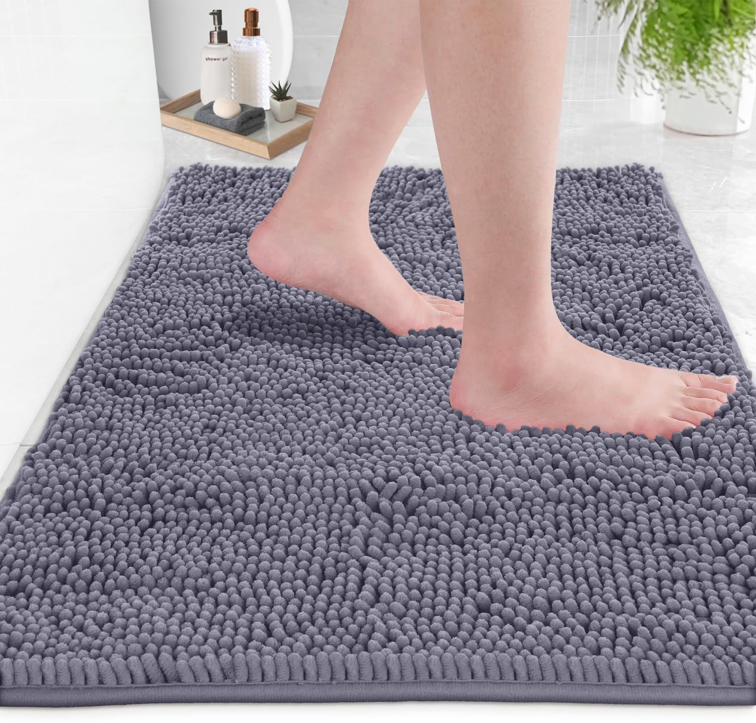 LuxUrux Bath Mat-Extra-Soft Plush Bath Shower Bathroom Rug, 1'' Chenille Microfiber Material, Super Absorbent Shaggy Bath Rug (Dark Grey, 50 x 80 cm)