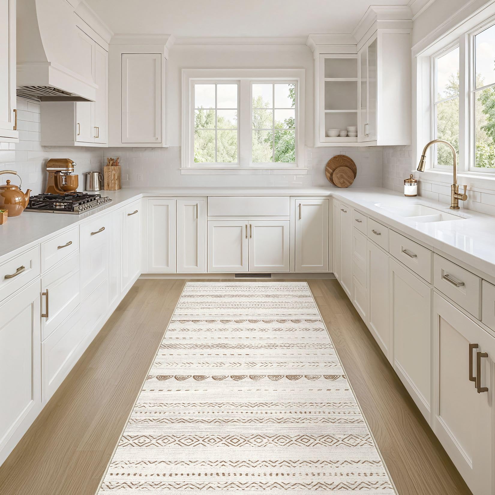 Photo 1 of Nakagishi Runner Rug Kitchen Washable Rugs: 2x6 Non-Slip Boho Soft Modern Stain Resistant Indoor Floor Neutral Farmhouse Throw Carpet for Hallway Bathroom Laundry Room Entryway Bedroom- Beige