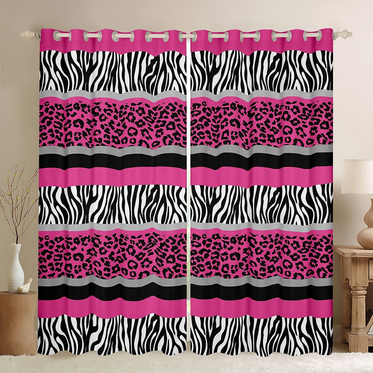 Zebra Stripes Window Curtains for Leopard Curtains For Kids Boys Girls Pink Black White Zebra Leopard Fur Window Drapes Wild Animal Skin Window Treatments,W52*L63